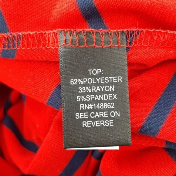 TORRID \ Faux Wrap Knee Length Midi Dress Stretch Jersey Knit Stripe Red Blue M - Picture 13 of 13